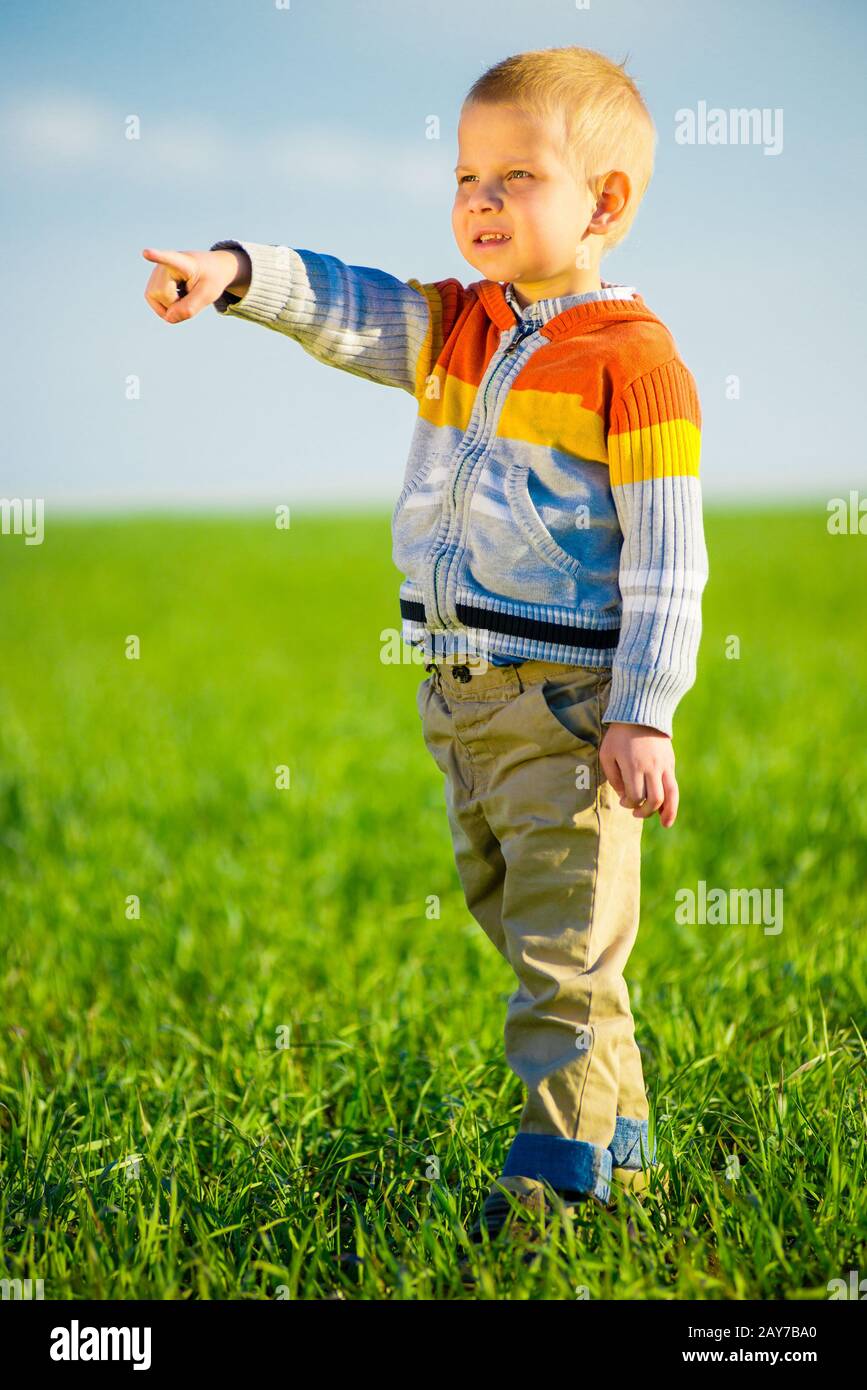 Portrait of happy joyful beautiful little boy outdoor at countryside. Pointing concept. Stock Photo