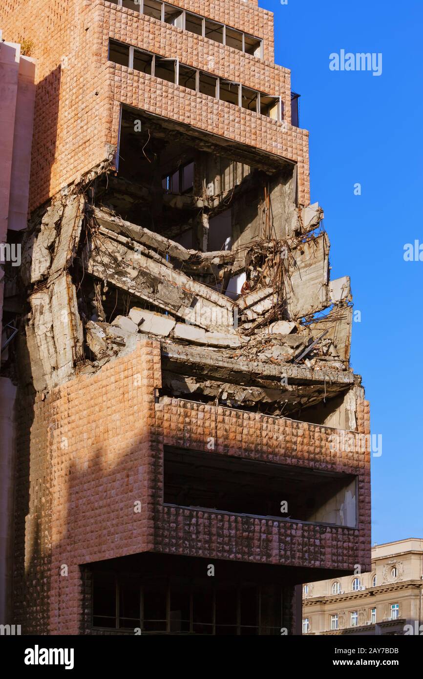 Ruins of Ministry of Defense Building from NATO Bombing - Belgrade Serbia Stock Photo