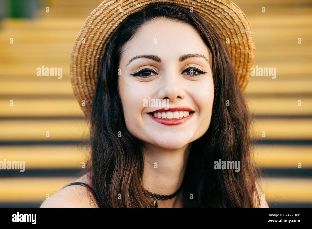 Cheerful Woman With Dark Eyes Pure Skin Red Lips And Long Dark Hair Wearing Straw Summer Hat Looking With Delightful Expression Positive Female Mod Stock Photo Alamy