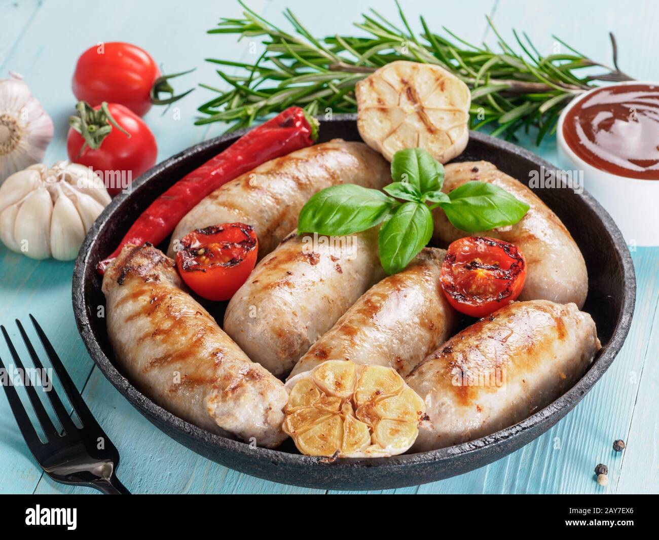 Grilled chicken sausages top view Stock Photo Alamy