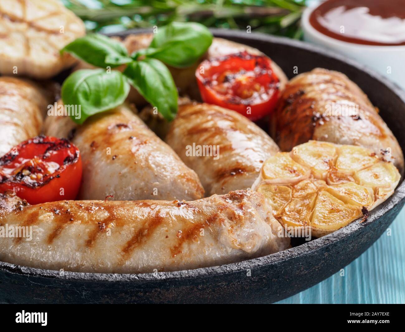 Grilled chicken sausages top view Stock Photo Alamy