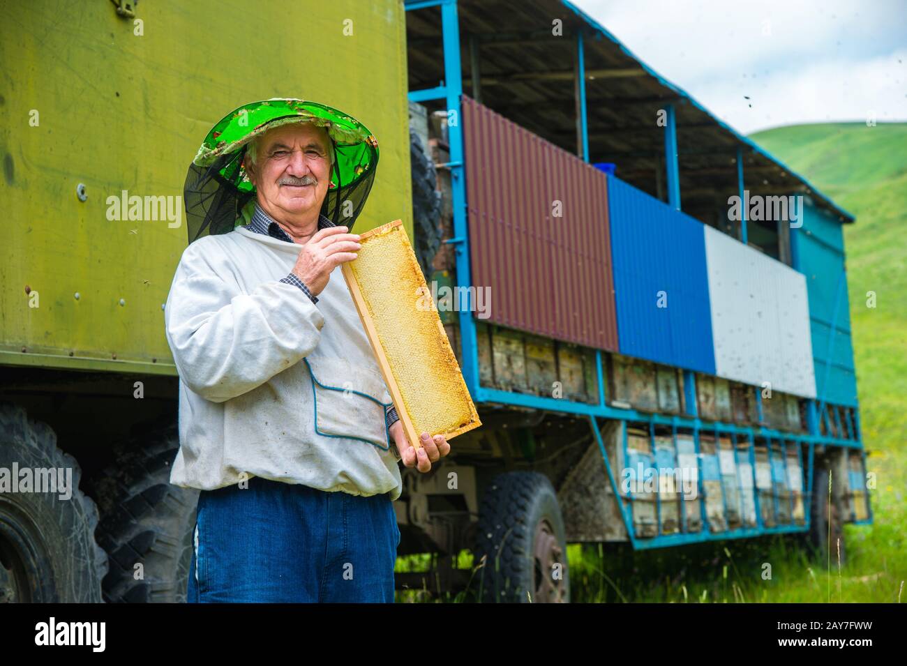 A beekeeper man holds a frame with honeycomb-filled honeycombs Stock Photo
