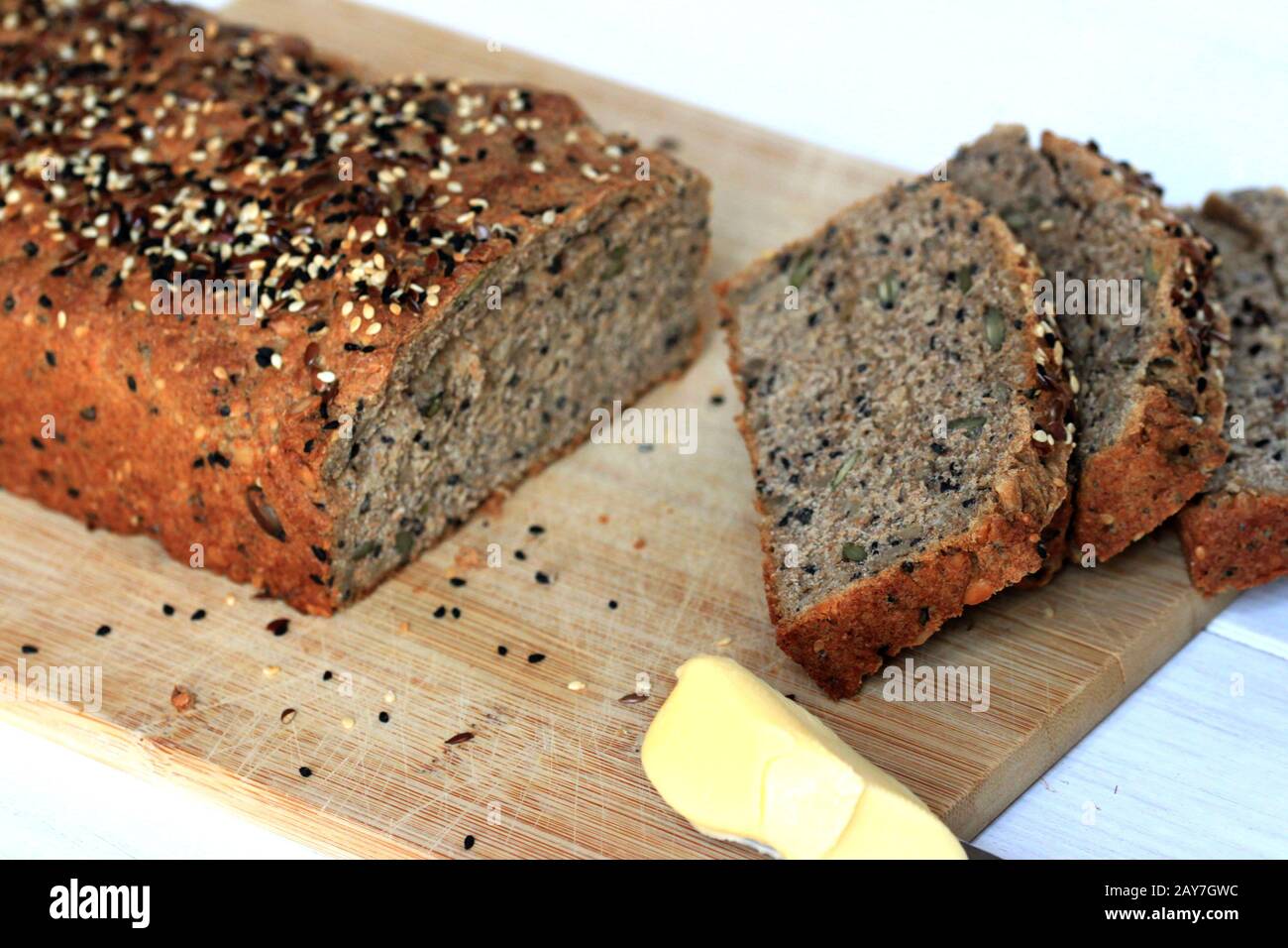 Homemade multigrain bread. Delicious and healthy bread. tasty butter bread. Bread with whole-grain flour. Stock Photo