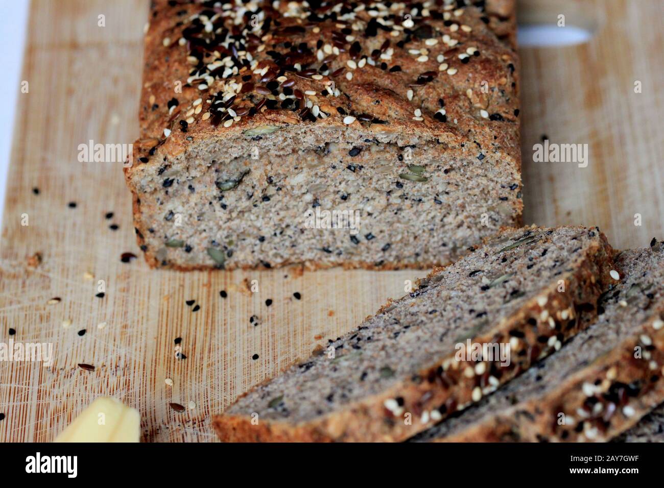 Homemade multigrain bread. Delicious and healthy bread. tasty butter bread. Bread with whole-grain flour. Stock Photo