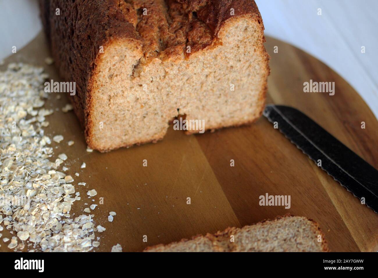 Multigrain bread from a vending machine. Homemade bread. Whole wheat bread. Healthy bread.  Bread with oatmeal and grains. Stock Photo