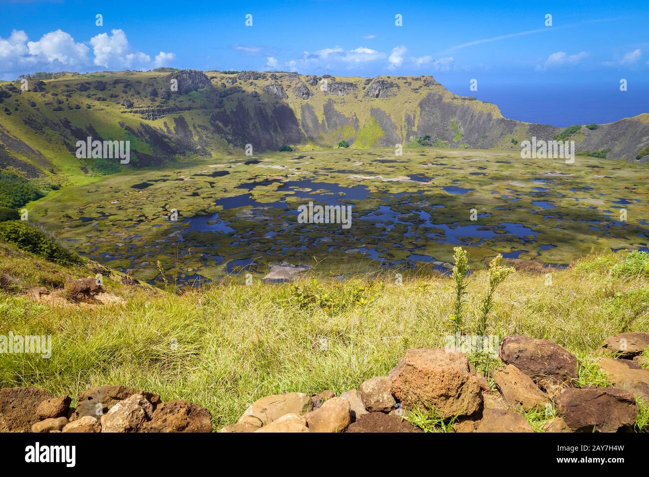 Rano Kau volcano crater in Easter Island Stock Photo