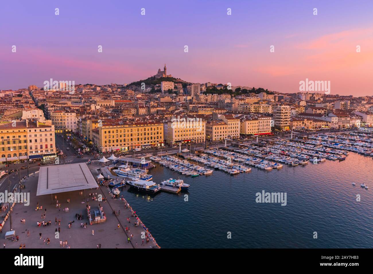 Marseille, France - August 03, 2017: Old Port and Basilica of Notre Dame Stock Photo