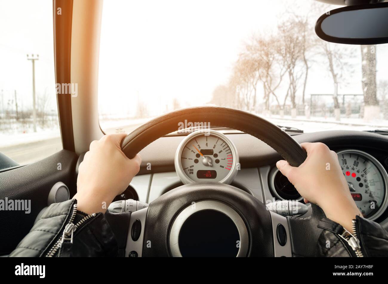 Women's hands on the wheel Stock Photo Alamy
