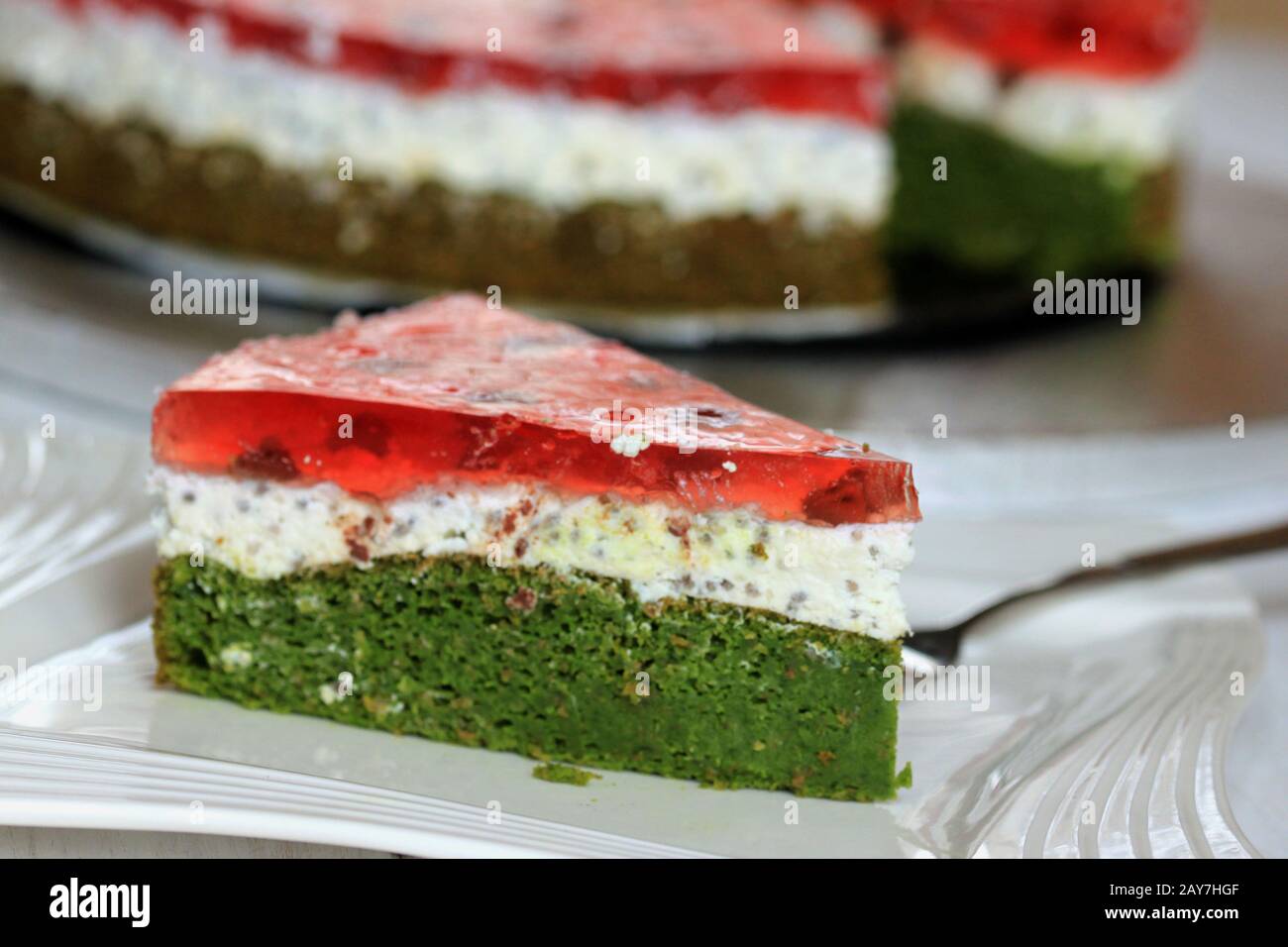 Watermelon cake, Cake with spinach, cream and jelly. Delicious and