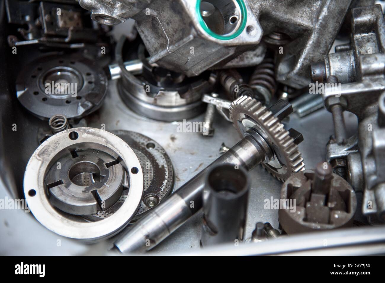 Disassembled mechanical highpressure diesel pump. Components of the