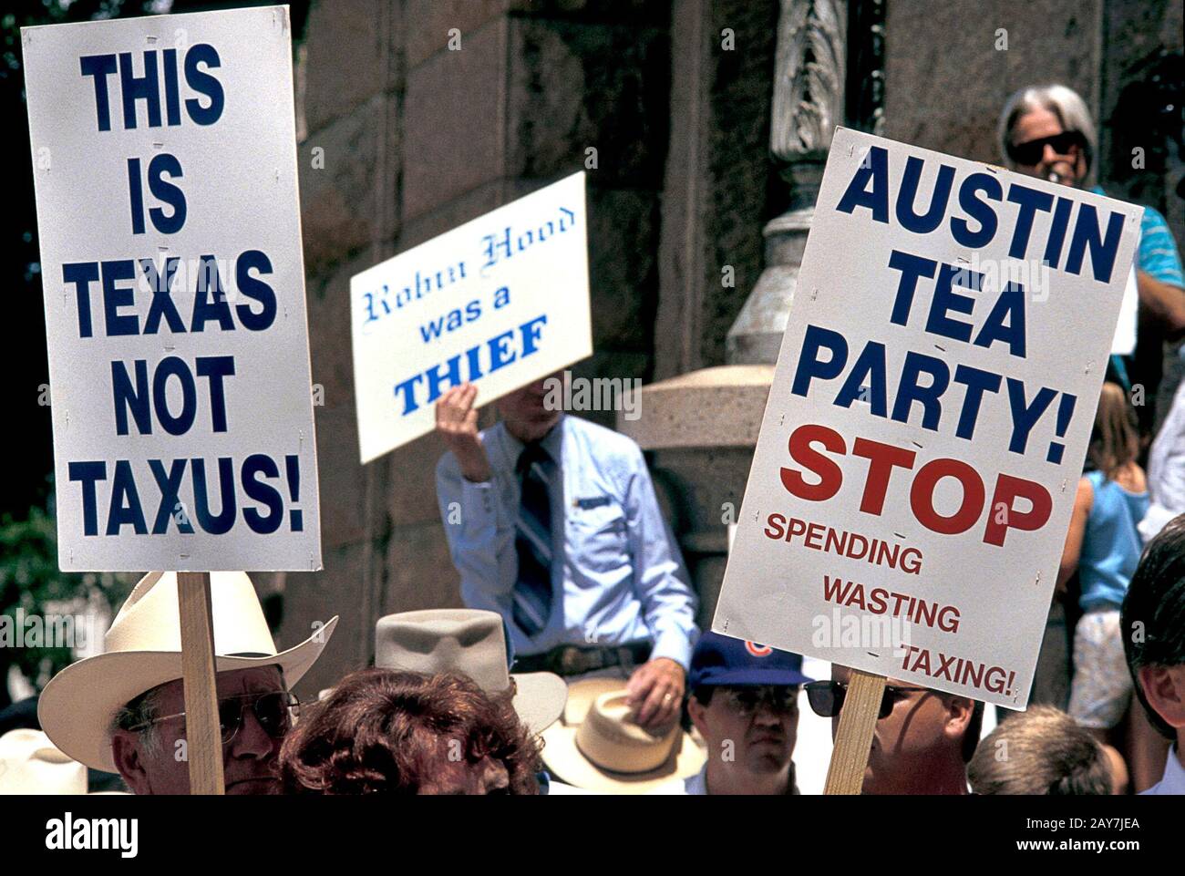 Austin, Texas: Protesters outside the Texas Capitol denounce proposed tax increase by the Texas Legislature. ©Bob Daemmrich Stock Photo