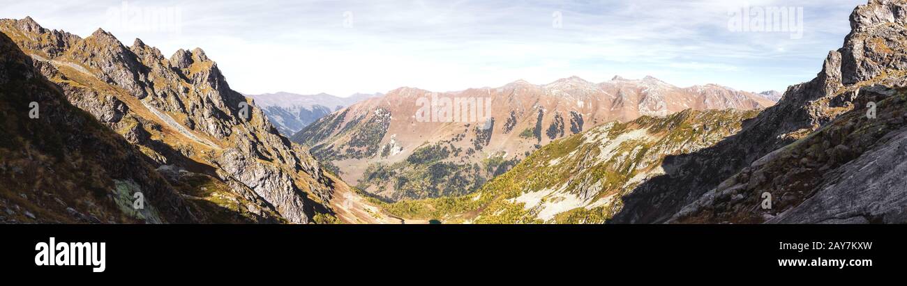 A horizontal panorama of five images. top of the Caucasian gorge in the Arkhyz. Lake view of the lower point Stock Photo