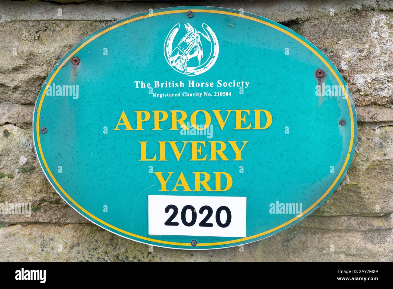 The British Horse Society Approved Livery Yard 2020 sign, England, UK Stock Photo