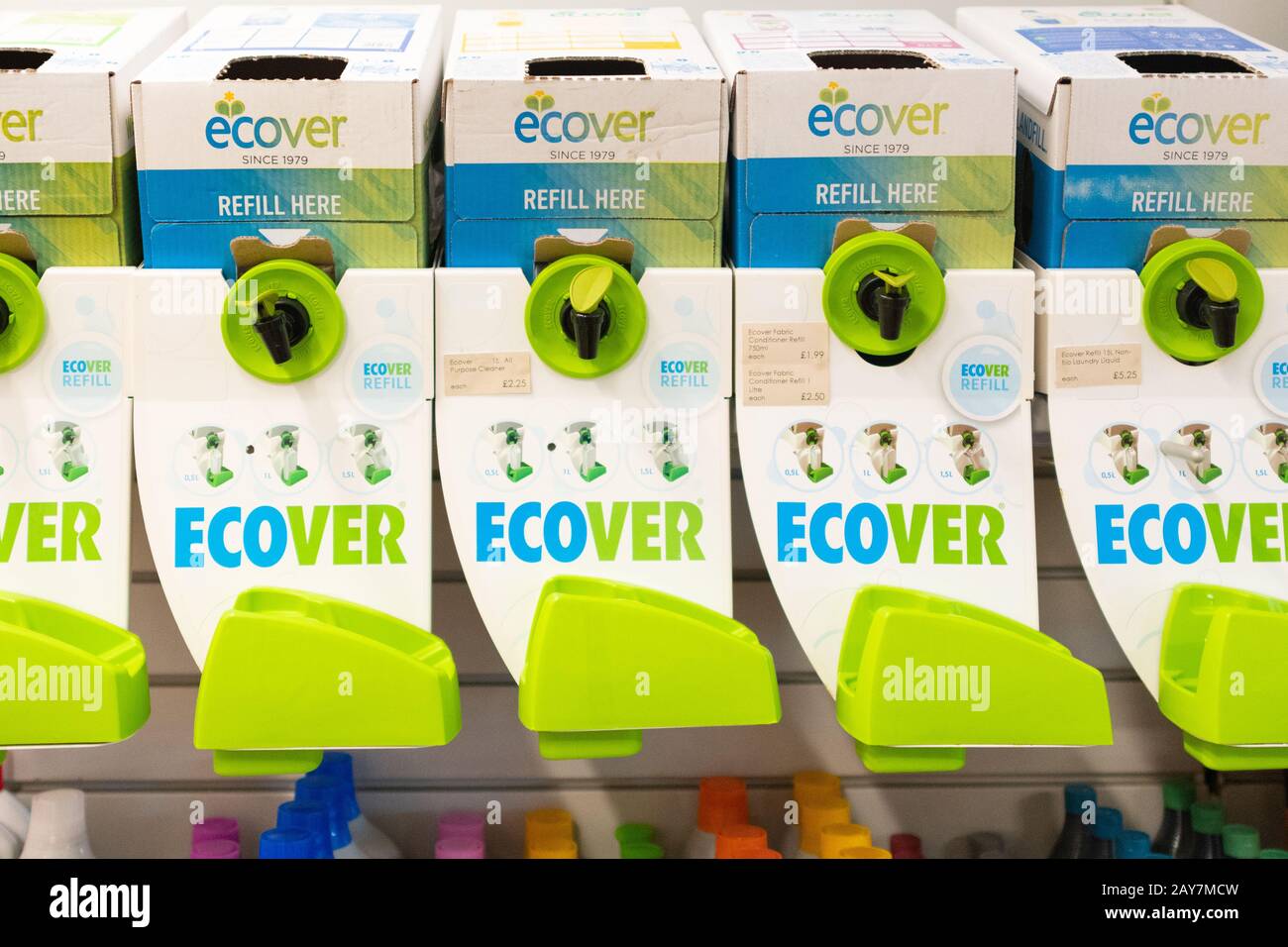 Ecover refill station and environmentally friendly green products at Cross Lanes Organic Farm Shop, County Durham, UK Stock Photo