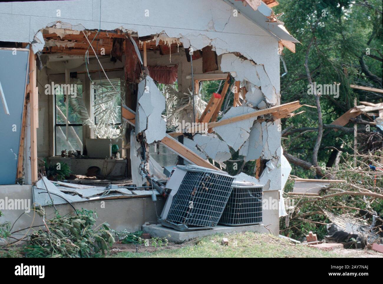 New Braunfels, Texas: Severely damaged home in upscale neighborhood near the banks of the Guadalupe Rive after a flash flood devastated the area in Comal County, central Texas. October 1998 ©Bob Daemmrich Stock Photo