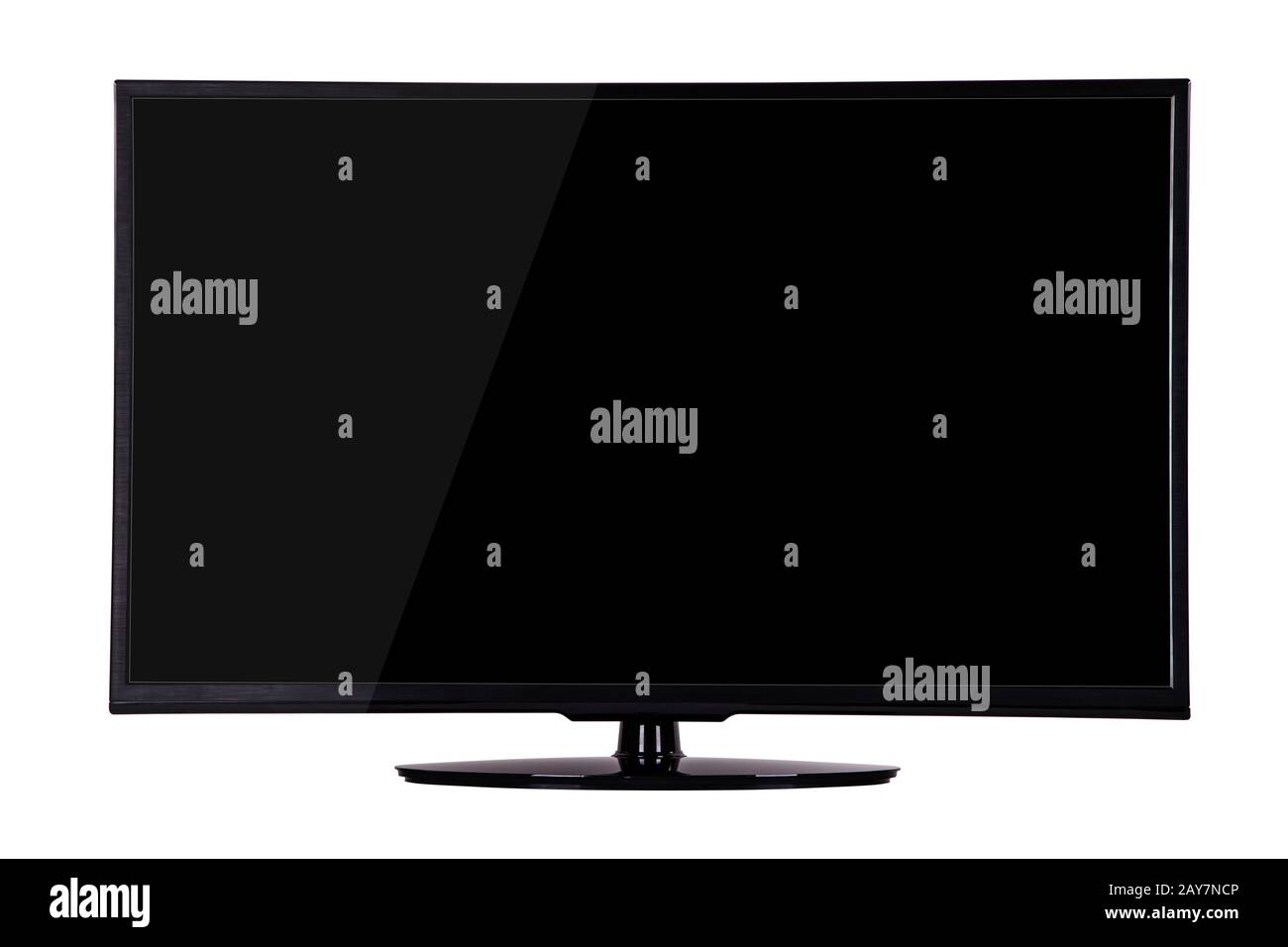 modern slim plasma TV on a black stand isolated on a white backg Stock Photo