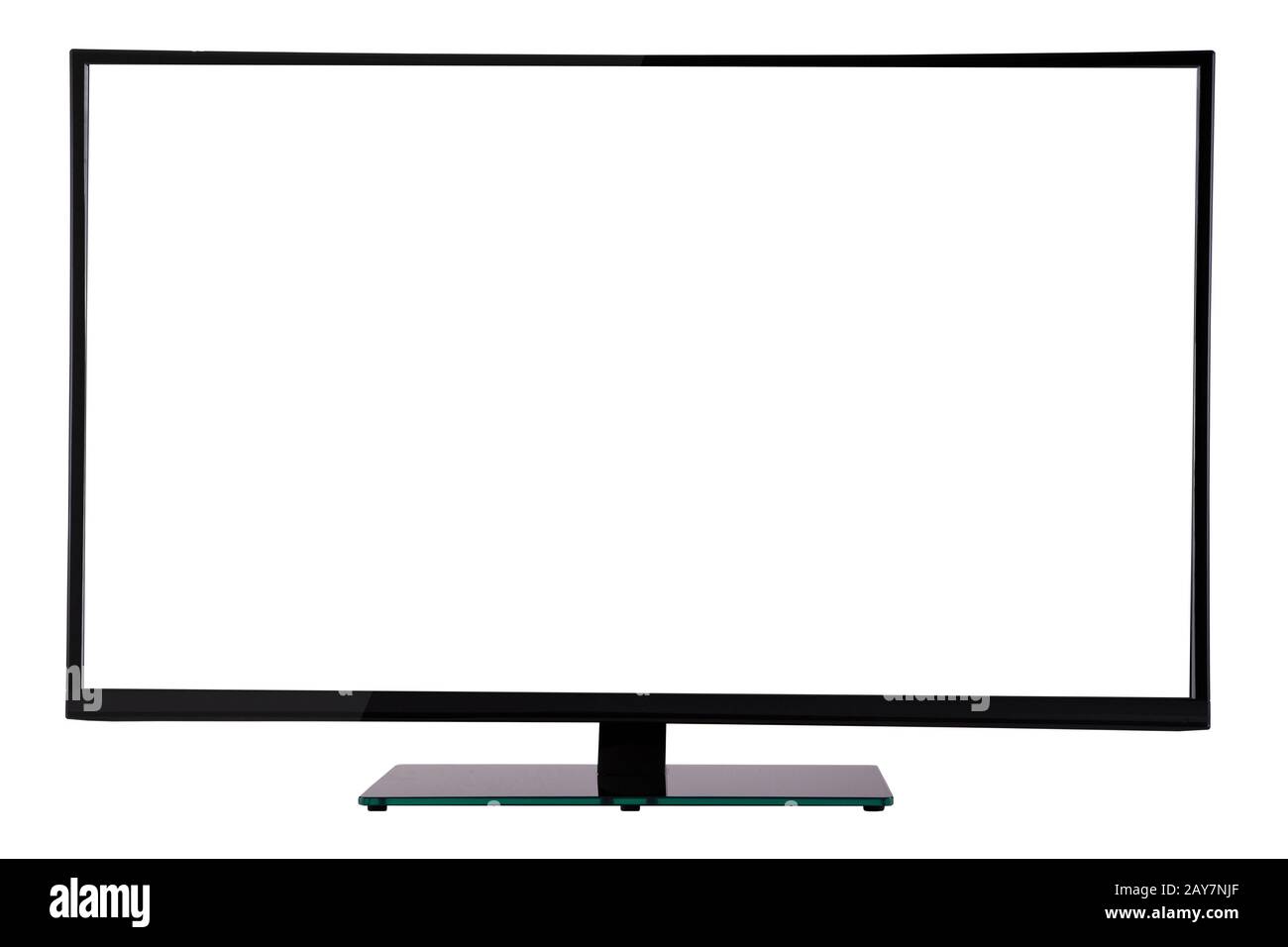 modern slim plasma TV on black glass stand isolated on a white b Stock Photo