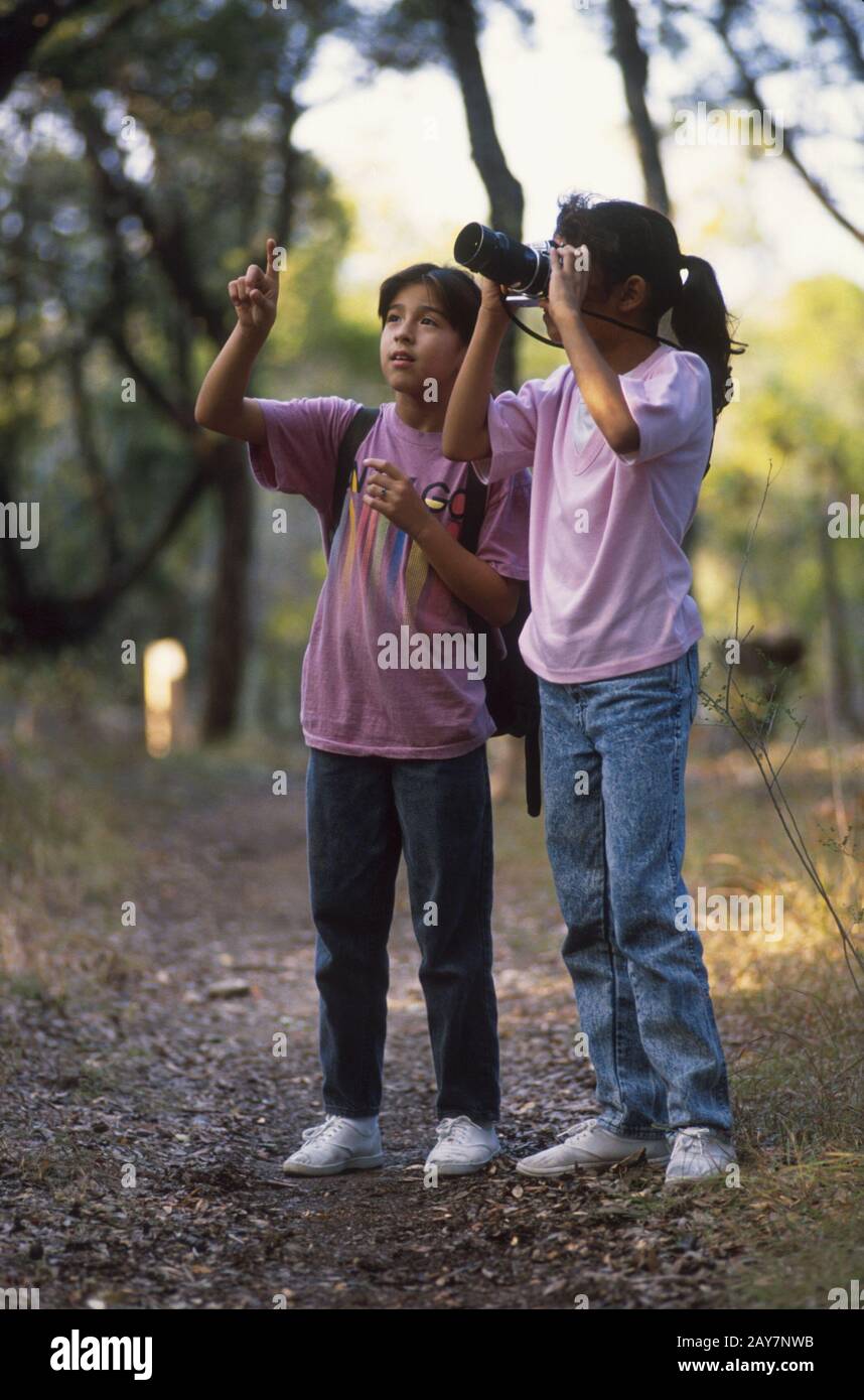 Austin Texas USA Hispanic girls birdwatching while hiking in the woods