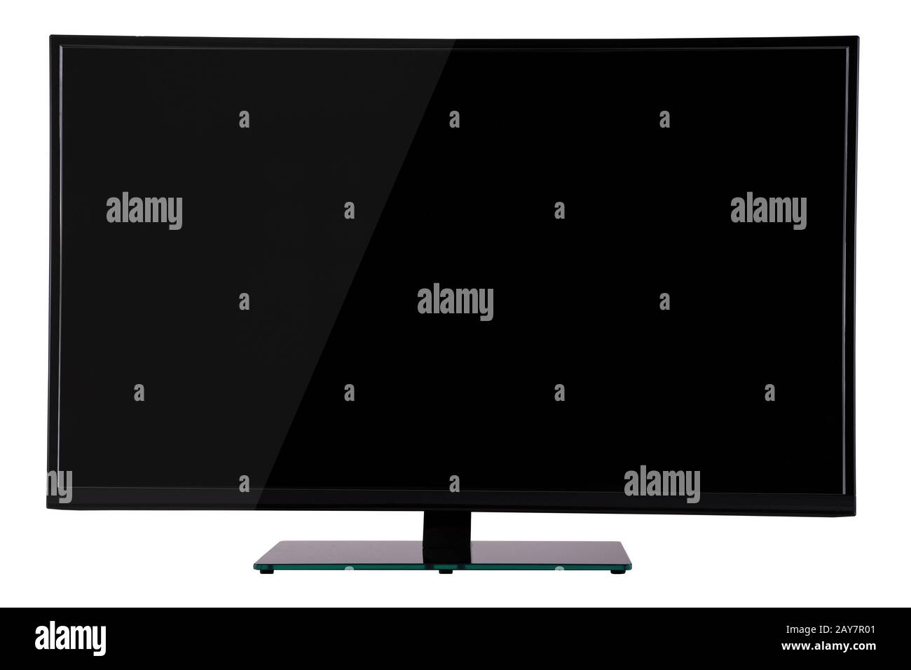 modern slim plasma TV on black glass stand isolated on a white b Stock Photo