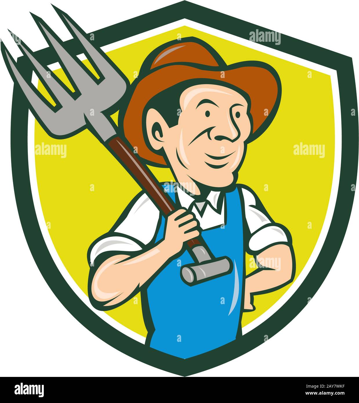 Farmer Holding Pitchfork Shoulder Crest Cartoon Stock Photo - Alamy