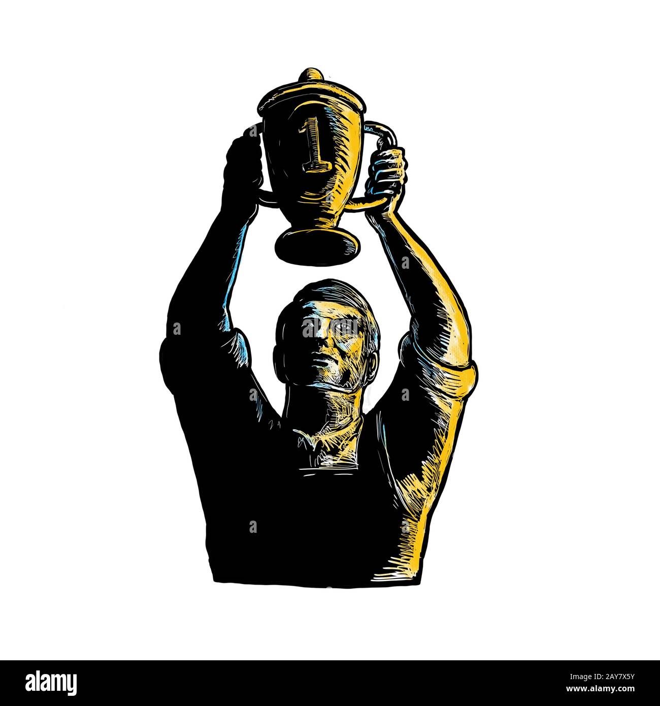 Worker Winning Championship Trophy Cup Woodcut Stock Photo - Alamy