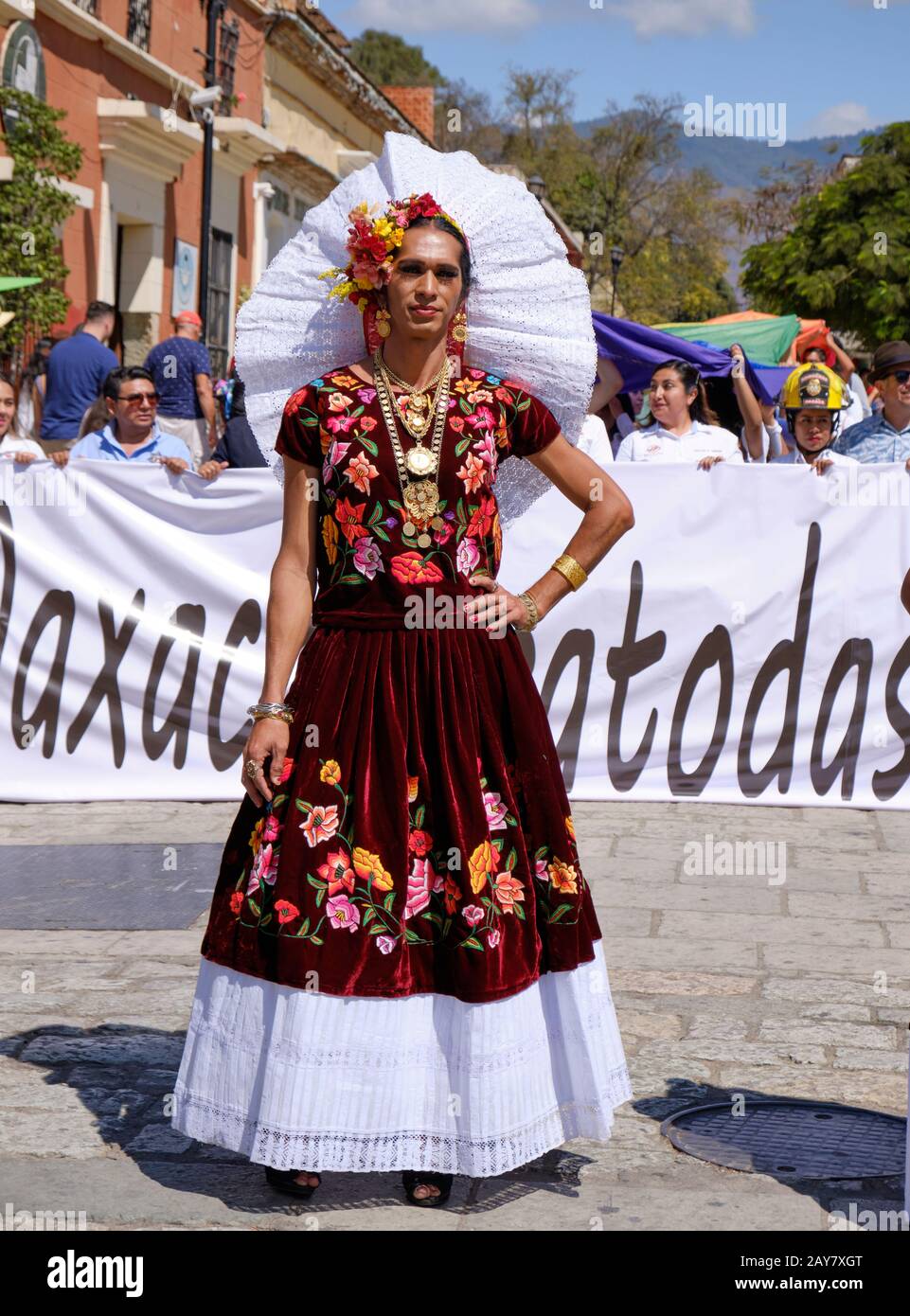 Muxe transgender Estrella Vasquez Guerra walking in Flashmob in Oaxaca to celebrate inclusion month Stock Photo