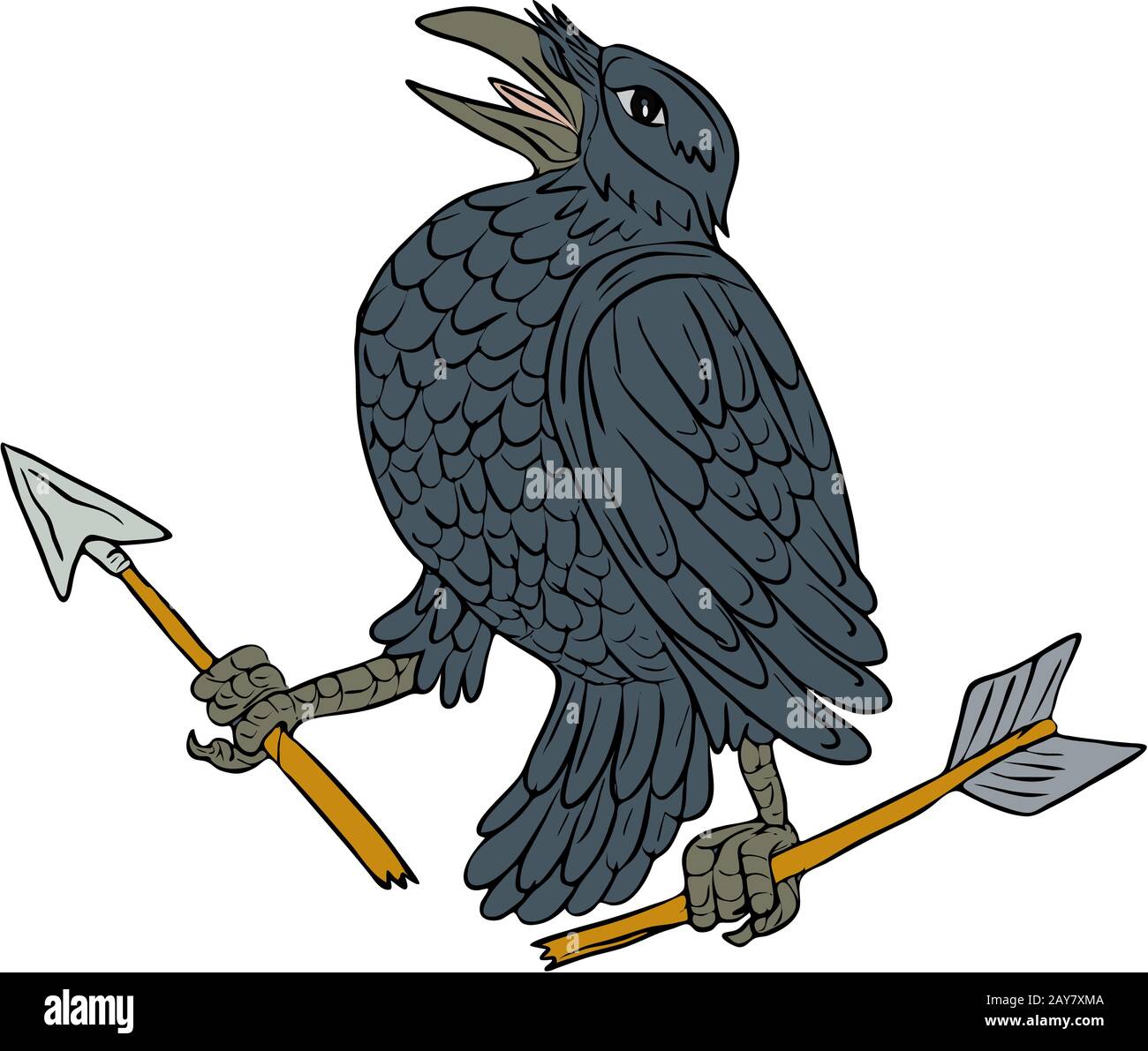 Crow Clutching Broken Arrow Drawing Stock Photo