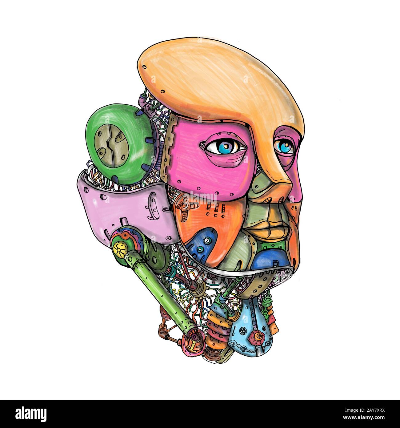 Female Humanoid Robot Head Tattoo Stock Photo