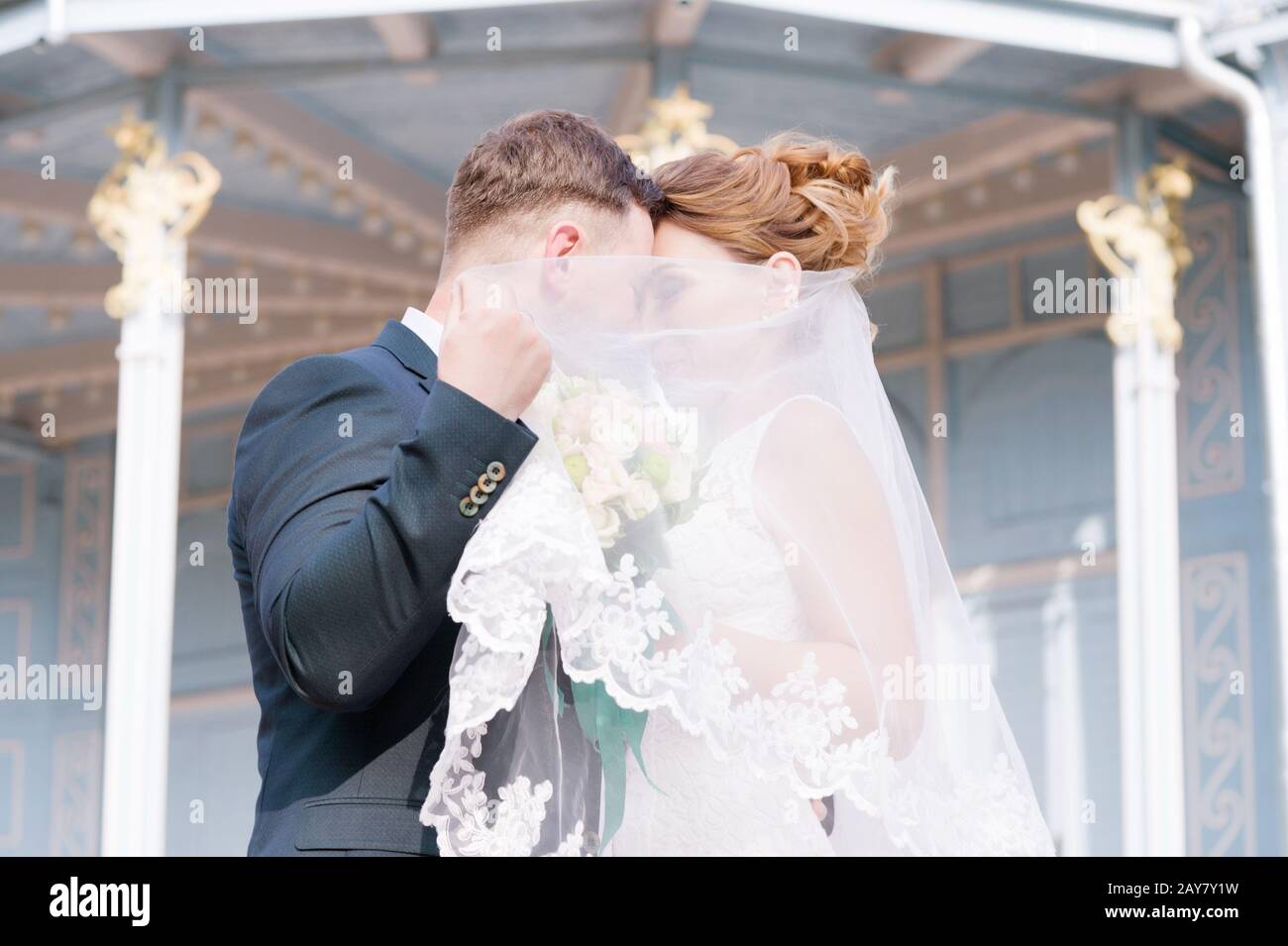 Portrait of a lovely couple of newlyweds, hiding behind a veil, stands embracing against the background of the vintage building Stock Photo