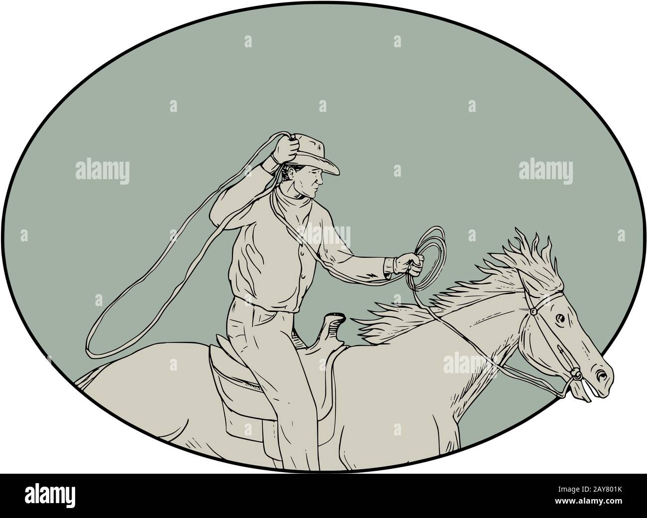 Cowboy Riding Horse Lasso Oval Drawing Stock Photo