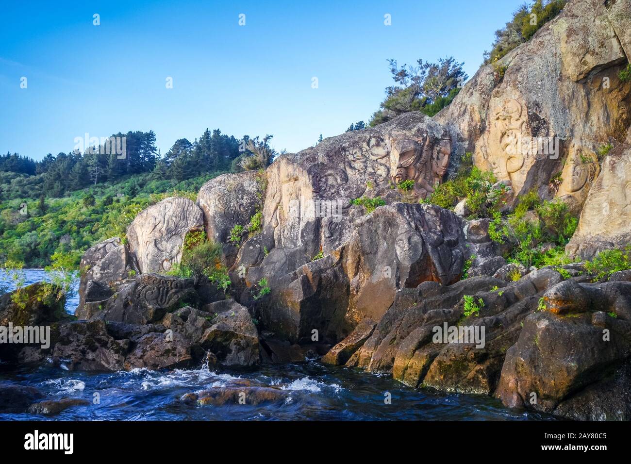 Maori rock carvings, Taupo Lake, New Zealand Stock Photo