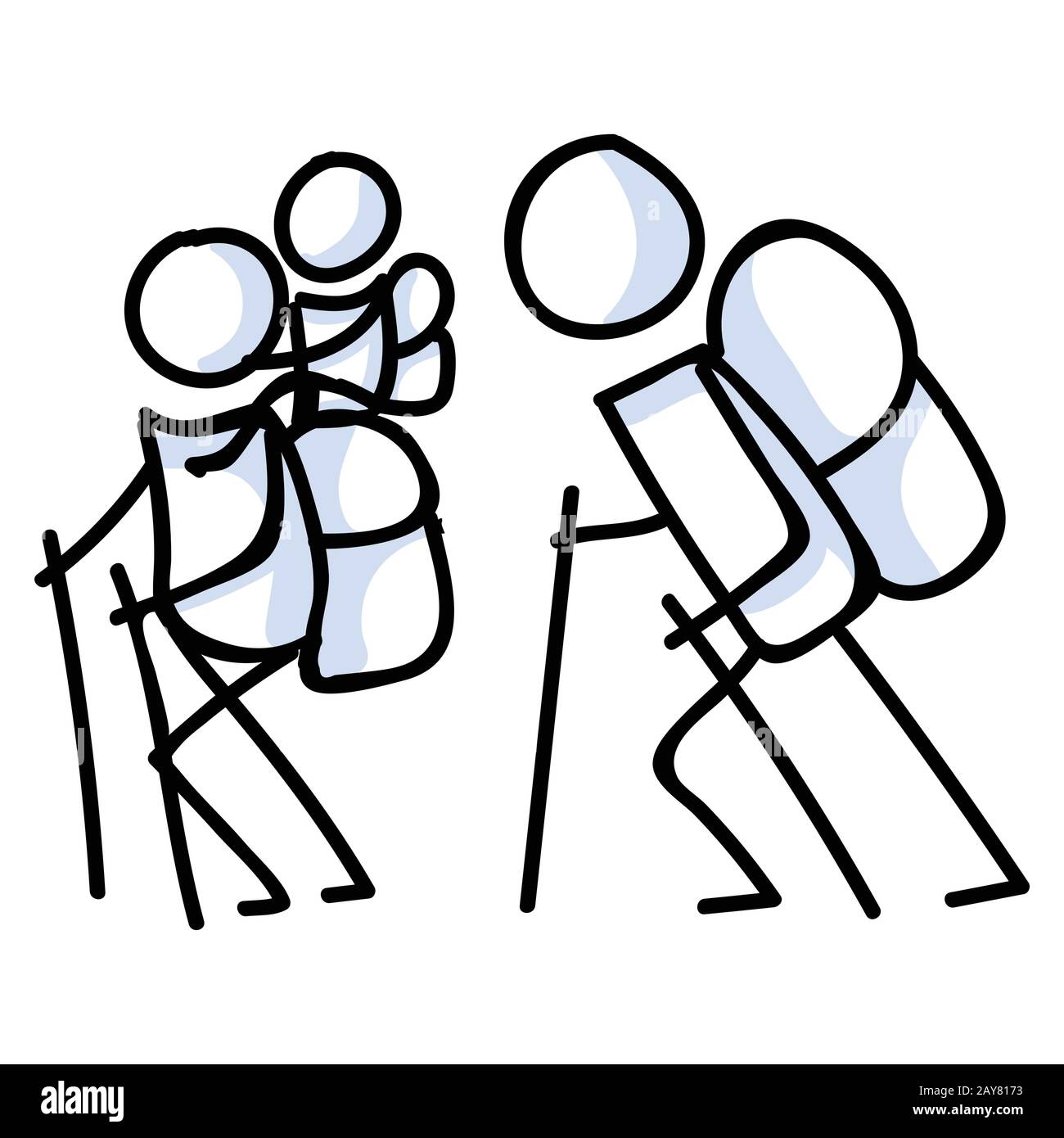 Hiking stick figure family line art icon. Carrying backpack, piggyback