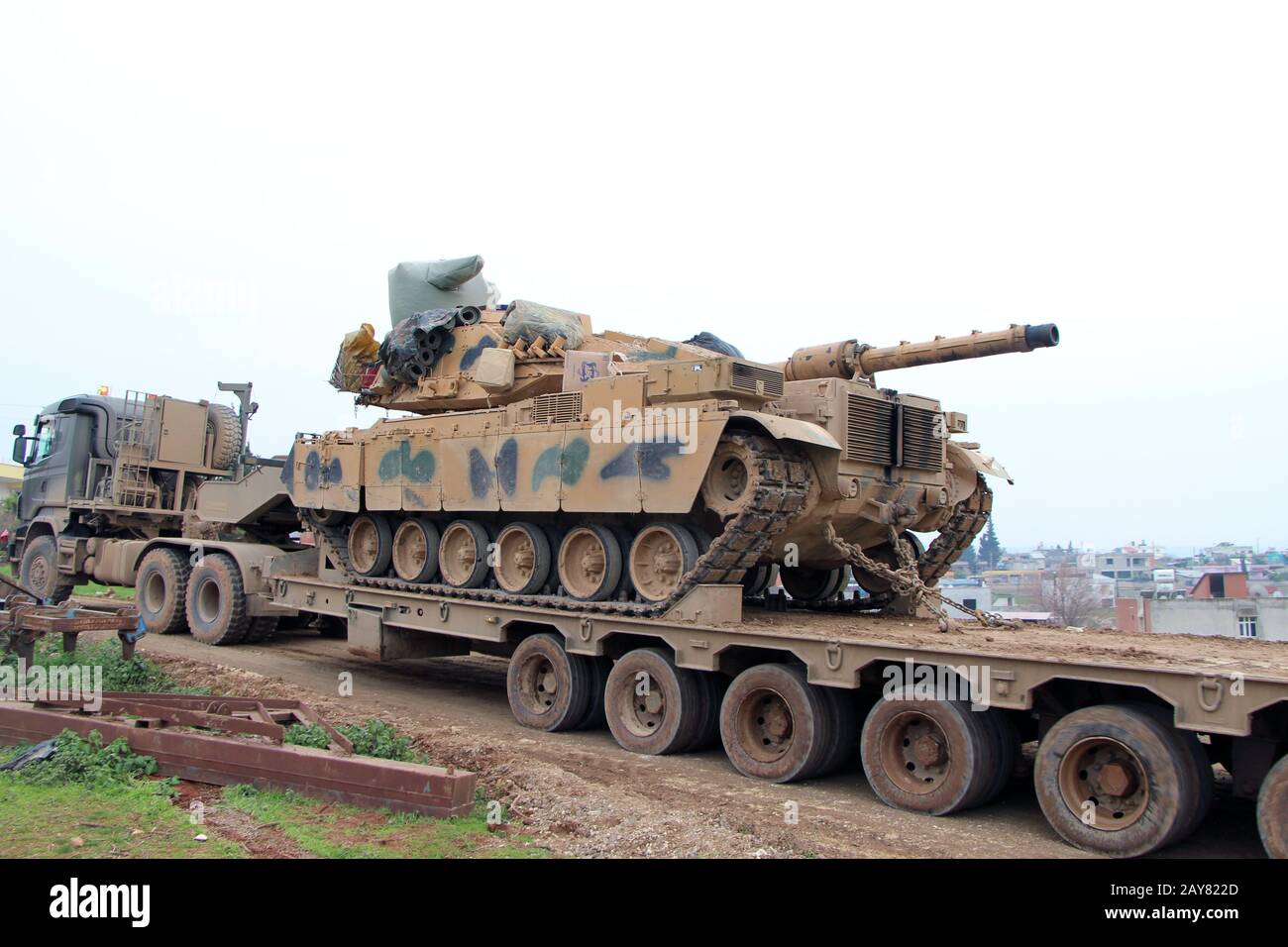 Hatay, Turkey. 14th Feb, 2020. A Turkish tank is seen in Reyhanli district of Hatay, Turkey, on Feb. 14, 2020. Turkey has poured in the last few days thousands of troops and convoys of military vehicles across the border, including tanks, armored personnel carriers and radar equipment in order to bolster its 12 observation posts. Credit: Mustafa Kaya/Xinhua/Alamy Live News Stock Photo