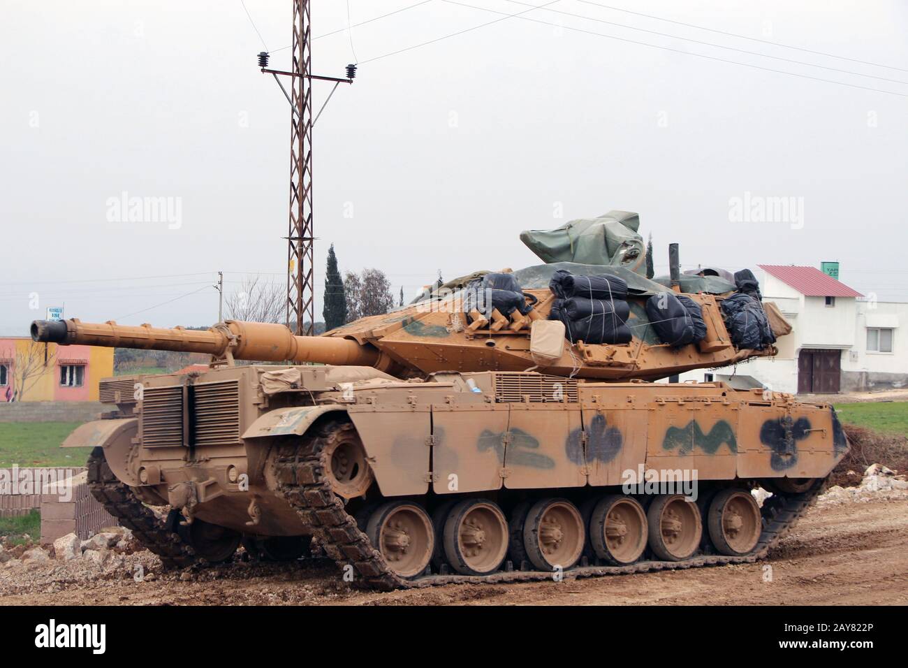 Hatay, Turkey. 14th Feb, 2020. A Turkish tank is seen in Reyhanli district of Hatay, Turkey, on Feb. 14, 2020. Turkey has poured in the last few days thousands of troops and convoys of military vehicles across the border, including tanks, armored personnel carriers and radar equipment in order to bolster its 12 observation posts. Credit: Mustafa Kaya/Xinhua/Alamy Live News Stock Photo