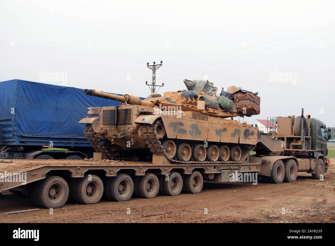 Hatay, Turkey. 14th Feb, 2020. A Turkish tank is seen in Reyhanli district of Hatay, Turkey, on Feb. 14, 2020. Turkey has poured in the last few days thousands of troops and convoys of military vehicles across the border, including tanks, armored personnel carriers and radar equipment in order to bolster its 12 observation posts. Credit: Mustafa Kaya/Xinhua/Alamy Live News Stock Photo