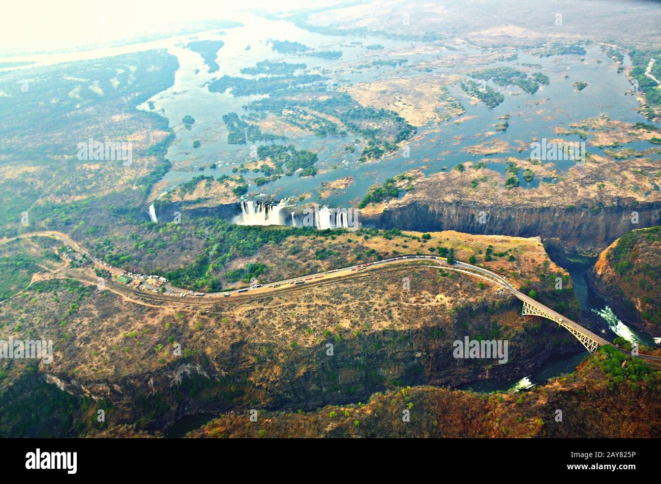 Aerial view of the Zambezi river with the Victoria Falls Zimbabwe Stock Photo
