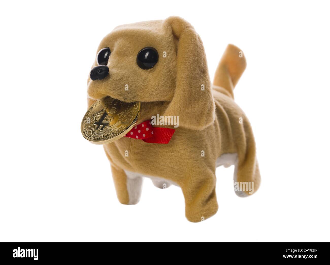 Lovely toy-puppy with golden bitcoin shot on white Stock Photo