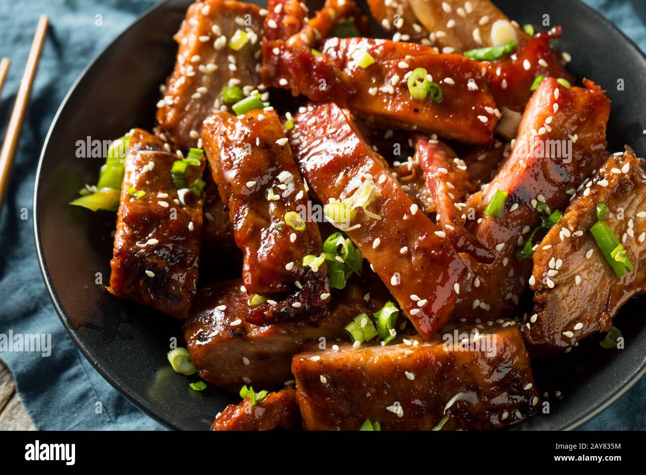 Homemade Chinese BBQ Pork Ribs with Rice Stock Photo