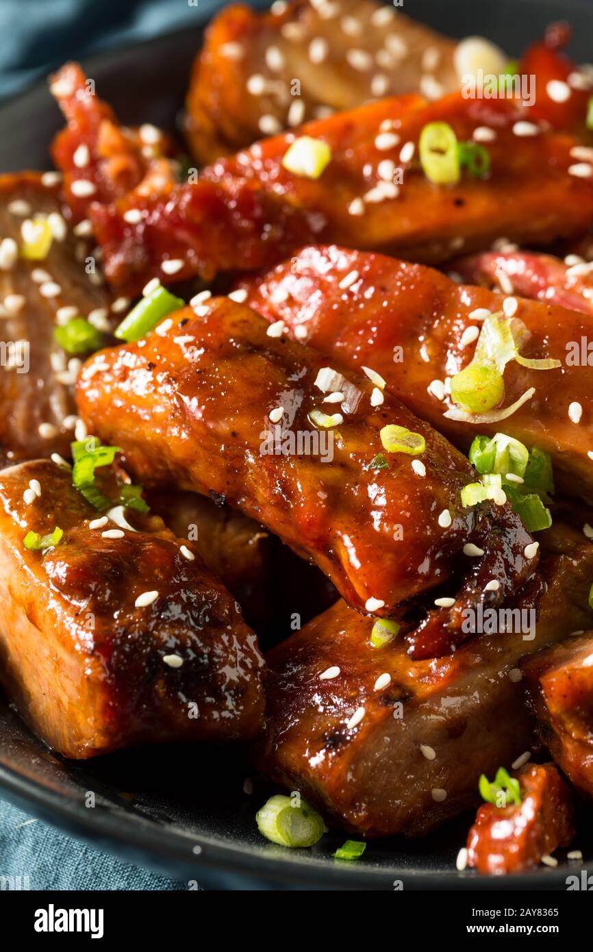 Homemade Chinese BBQ Pork Ribs with Rice Stock Photo