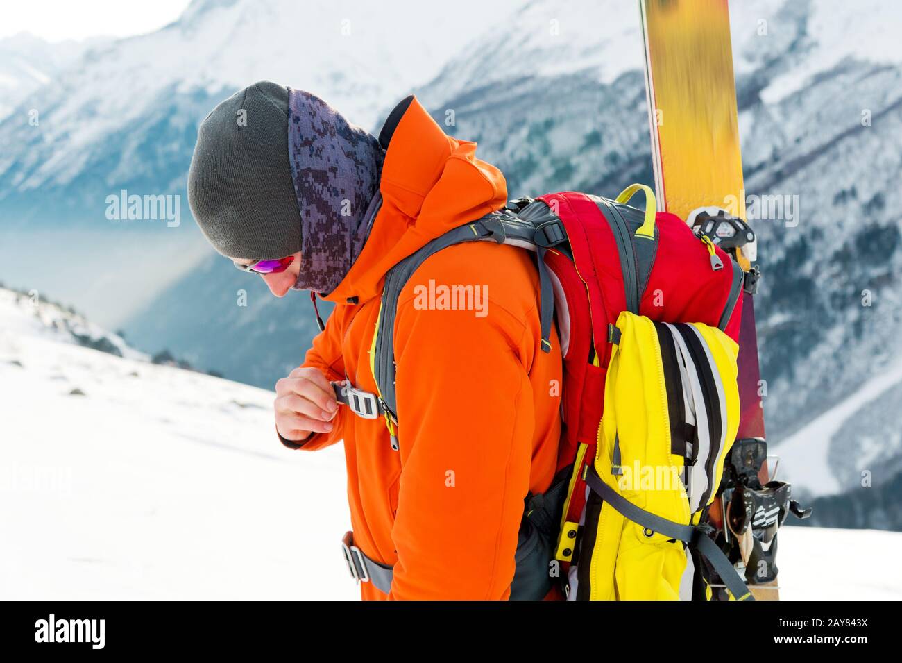 A close-up portrait of a freeride skier on the climbing track for freeride-descent. Stock Photo