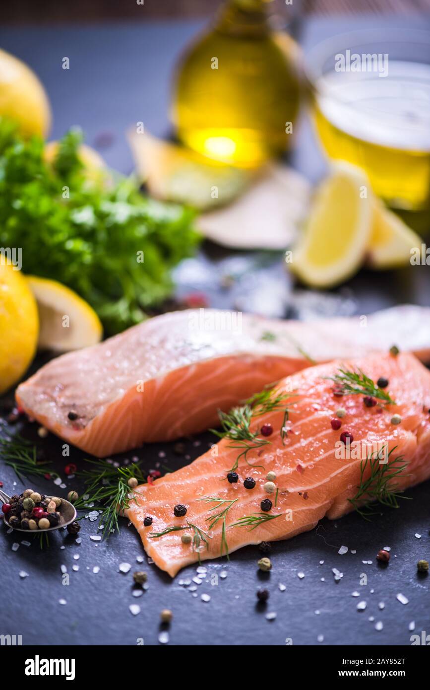 heathy cooking concept, fresh salmon Stock Photo