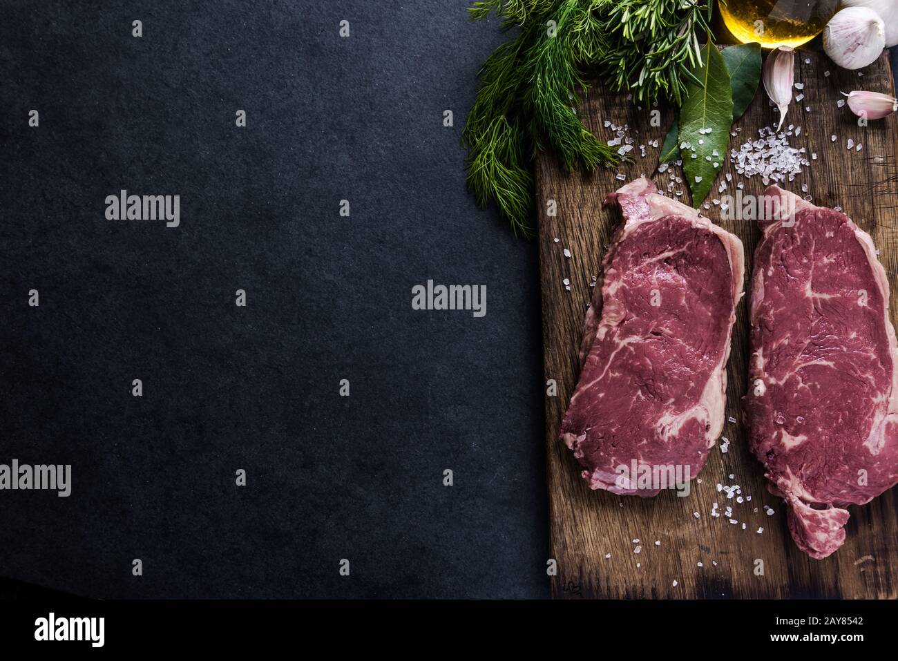 Beef sirloin steaks , food border background Stock Photo