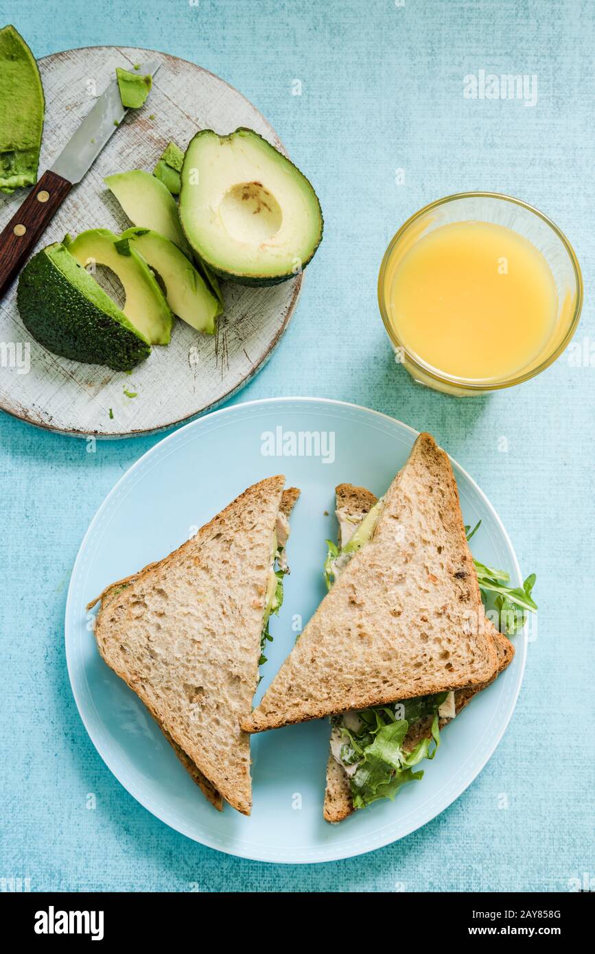Chicken and avocado wholegrain bread sandwich Stock Photo