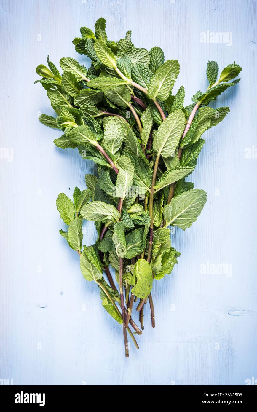 Fresh mint on wooden table Stock Photo