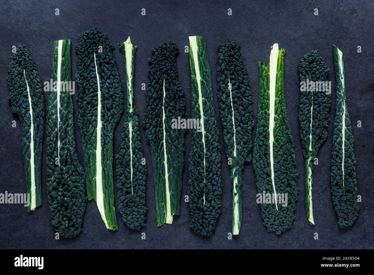 Fresh kale leaves on dark slate Stock Photo