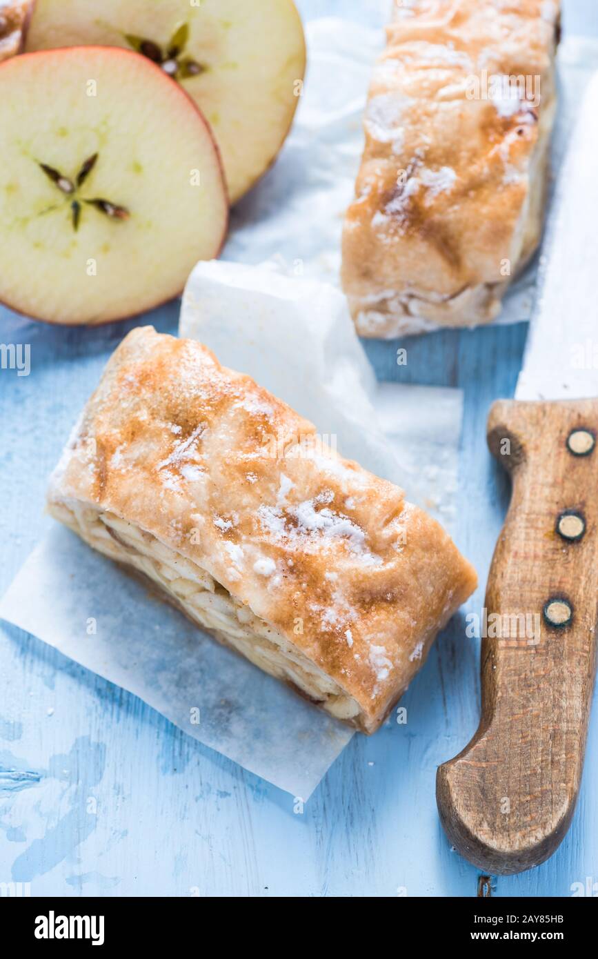 Home baking, apple strudel with ingredients Stock Photo
