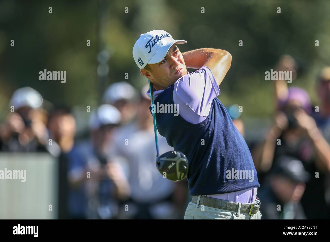 Los Angeles, USA. 13th Feb, 2020. Justin Thomas plays his shot from the second tee during the Genesis Invitational first round at Riviera Country Club, Thursday, Feb. 13, 2020, in the Pacific Palisades area of Los Angeles. Credit: European Sports Photographic Agency/Alamy Live News Stock Photo