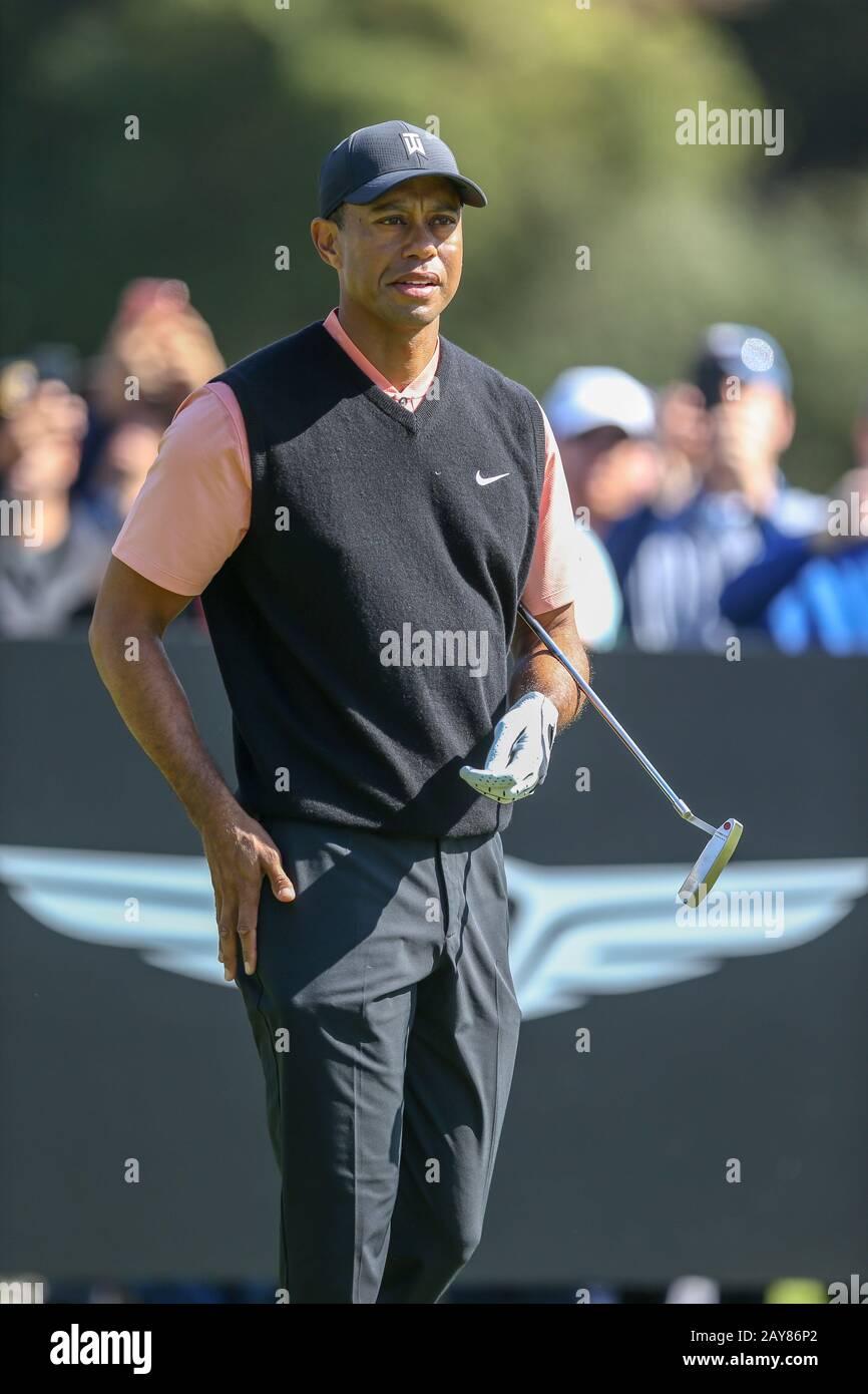 Los Angeles, USA. 13th Feb, 2020. Tiger Woods plays his shot from the second tee during the Genesis Invitational first round at Riviera Country Club, Thursday, Feb. 13, 2020, in the Pacific Palisades area of Los Angeles. Credit: European Sports Photographic Agency/Alamy Live News Stock Photo