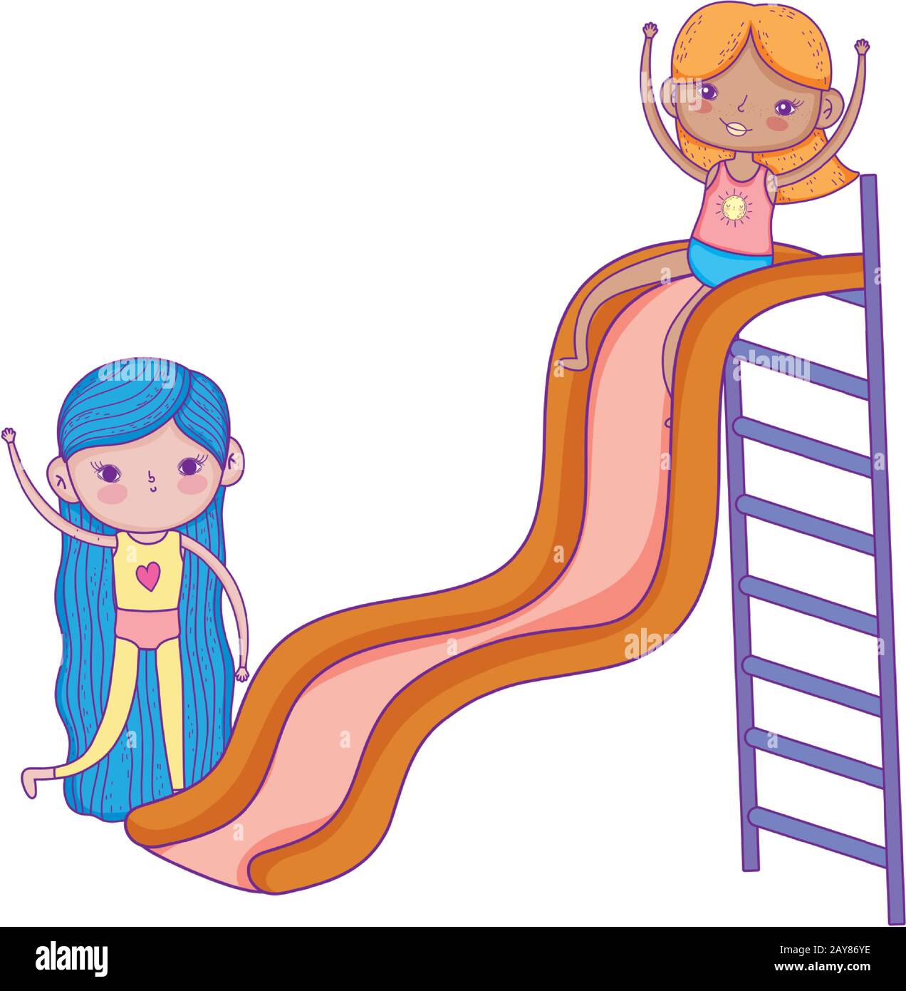 The girl is sliding down the slide in the playground. Cartoon vector  illustration isolated on white background Stock Vector