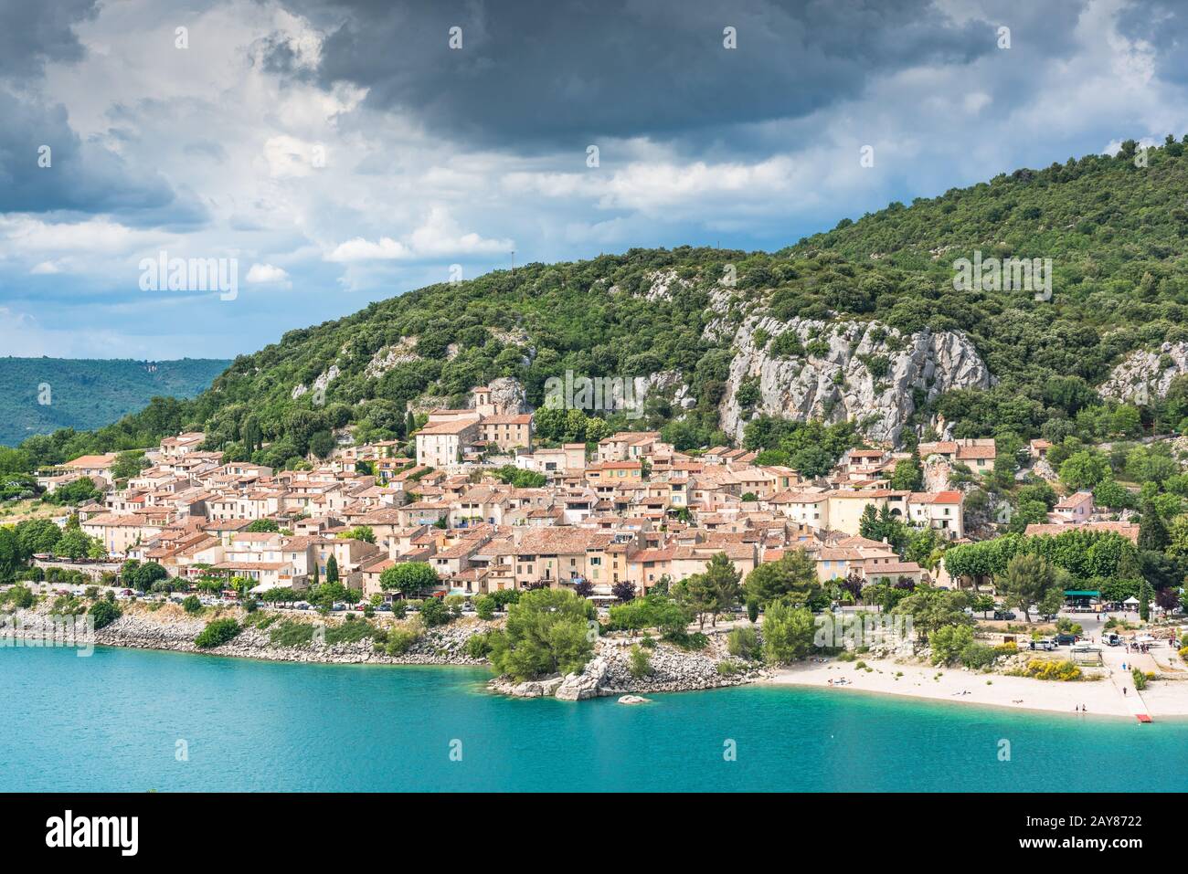 Bauduen townscape over lake,France Stock Photo
